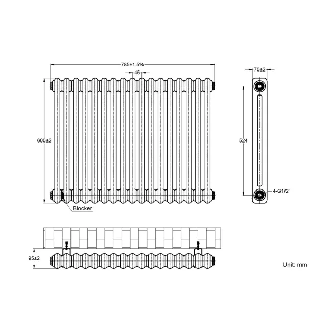 Athens Raw Metal Double Column Horizontal Traditional Radiator 600x785mm