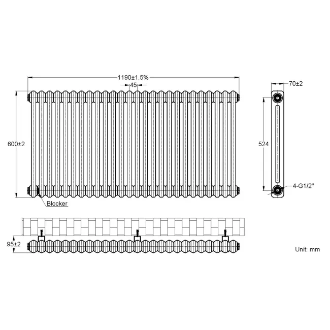 Athens Raw Metal Double Column Horizontal Traditional Radiator 600x1190mm