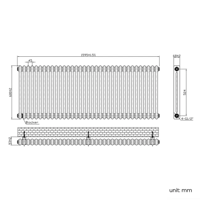 Athens Matt Black Double Column Horizontal Traditional Radiator 600x1595mm