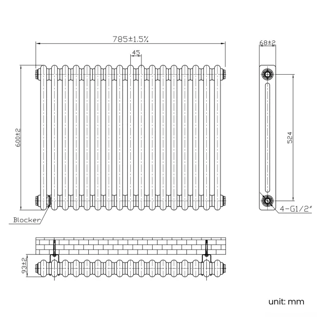 Athens Stone Grey Double Column Horizontal Traditional Radiator 600x785mm