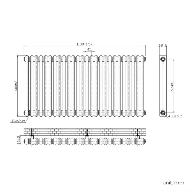 Athens Inky Blue Double Column Horizontal Traditional Radiator 600x1190mm