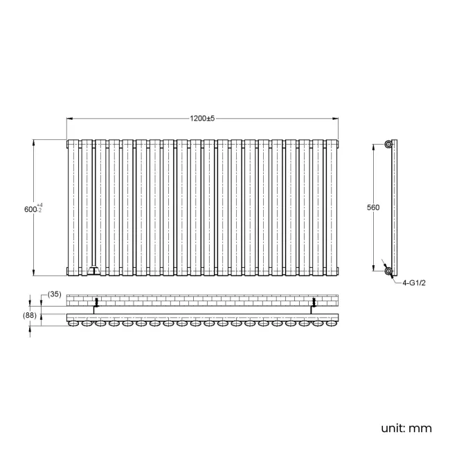Marbella Matt Black Single Oval Panel Radiator 600x1200mm
