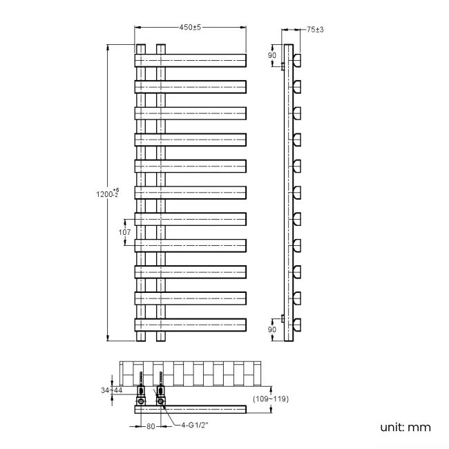 Palermo Chrome Designer Heated Towel Rail 1200x450mm