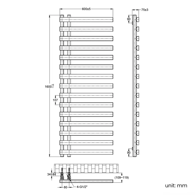 Palermo Anthracite Designer Heated Towel Rail 1600x600mm