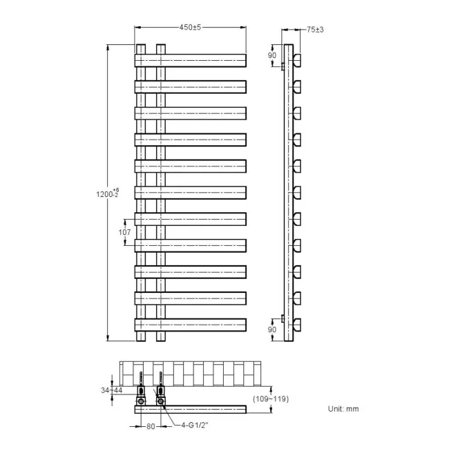 Palermo Matt Black Designer Heated Towel Rail 1200x450mm