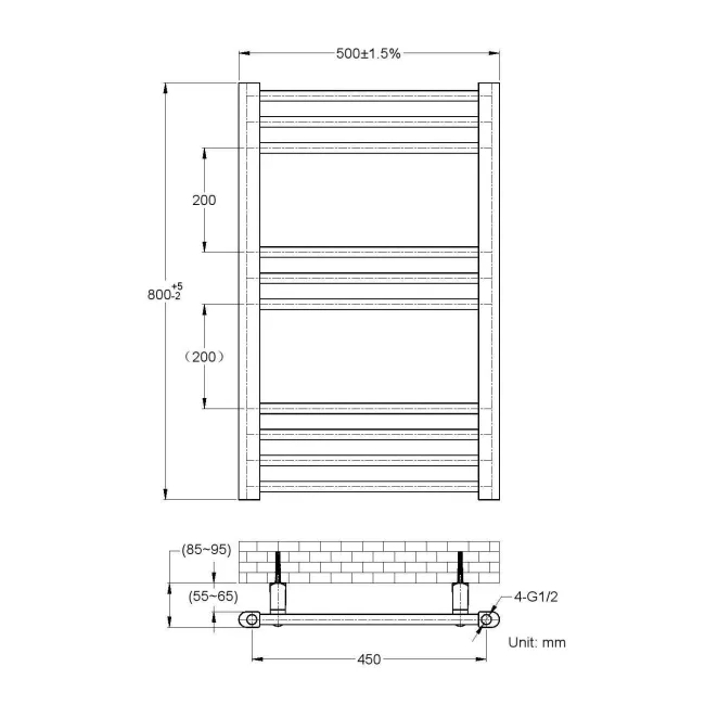 Barcelona Anthracite Straight Heated Towel Rail 800x500mm