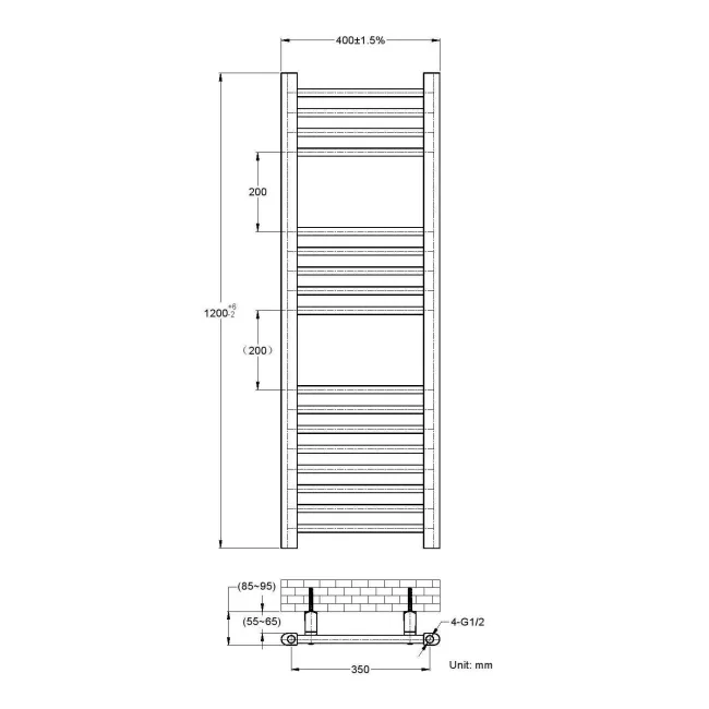 Barcelona Matt Black Straight Heated Towel Rail 1200x400mm