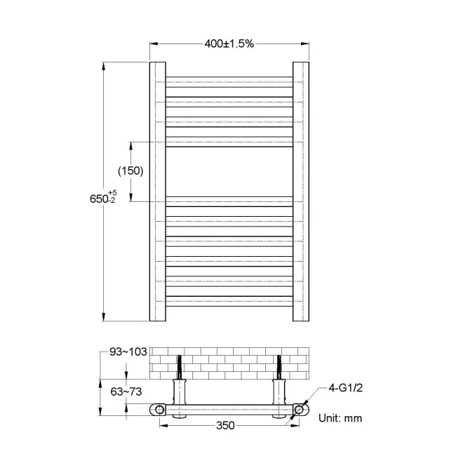 Naples Premium Matt Black Straight Heated Towel Rail 650x400mm