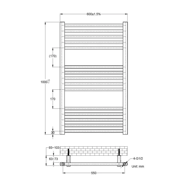 Naples Premium Matt Black Straight Heated Towel Rail 1000x600mm