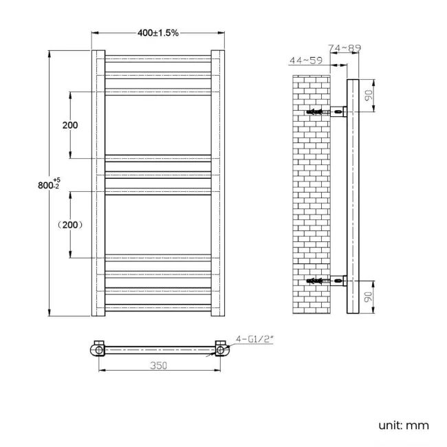 Barcelona Brushed Brass Straight Heated Towel Rail 800x400mm