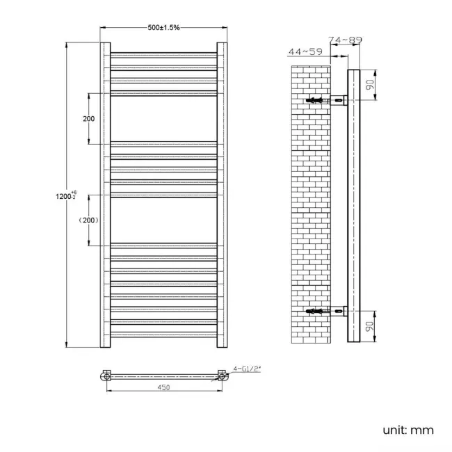Barcelona Brushed Brass Straight Heated Towel Rail 1200x500mm