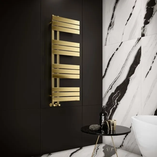Seville Brushed Brass Designer Flat Panel Heated Towel Rail 1200x450mm