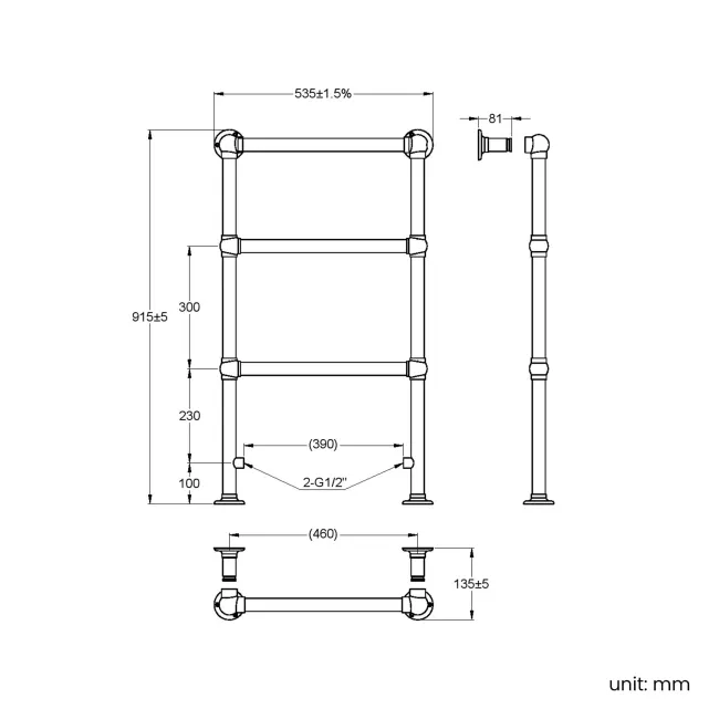 Gibraltar Floor Standing Traditional Brushed Brass Heated Towel Rail 915x535mm