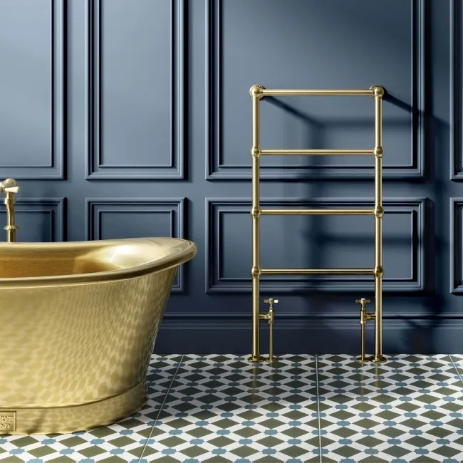 Gibraltar Floor Standing Traditional Brushed Brass Heated Towel Rail 1200x600mm