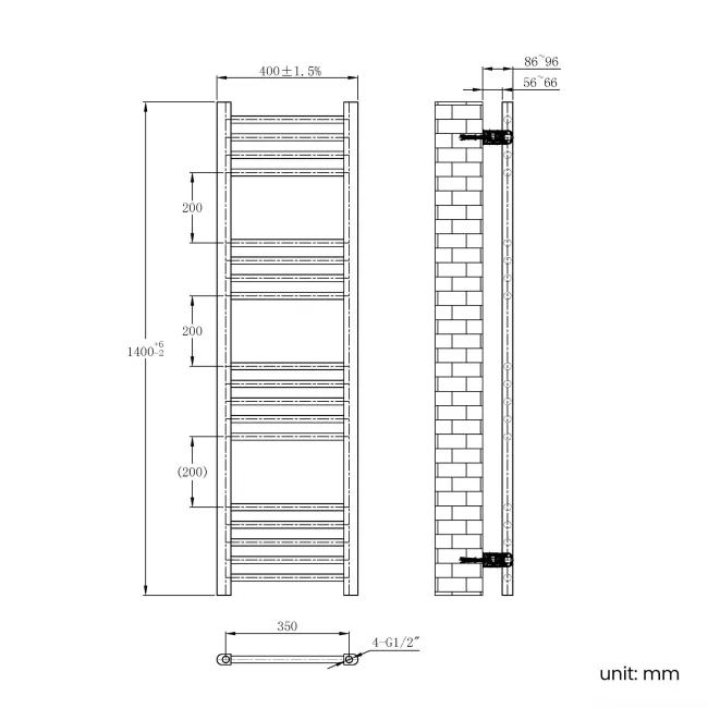 Barcelona Matt Black Straight Heated Towel Rail 1400x400mm