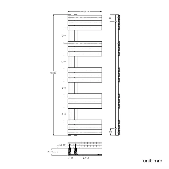 Seville Brushed Brass Designer Flat Panel Heated Towel Rail 1600x450mm