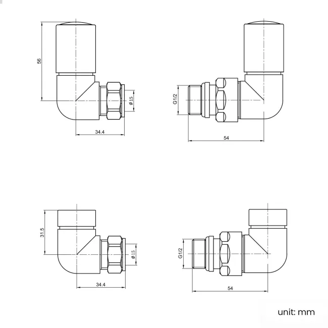 Chrome Angled Radiator Valves and lockshield pack (Pair) Standard 15mm