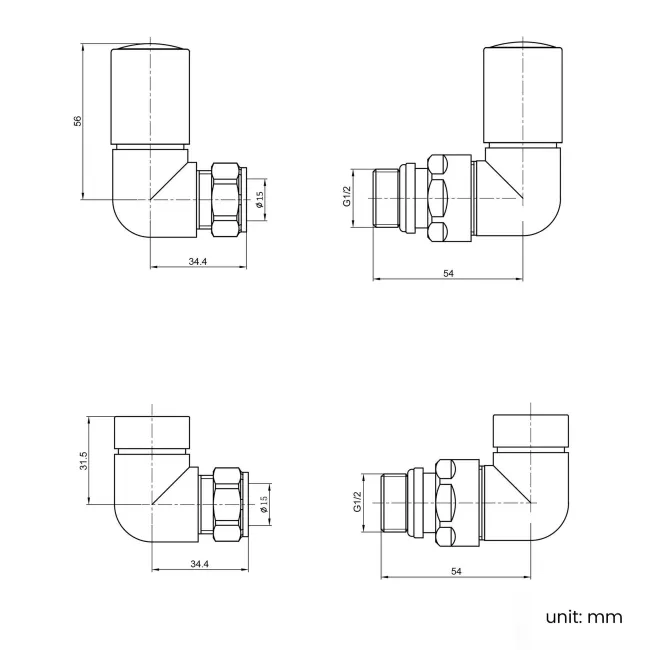 Inky Blue Angled Radiator Valves and lockshield pack (Pair) Standard 15mm