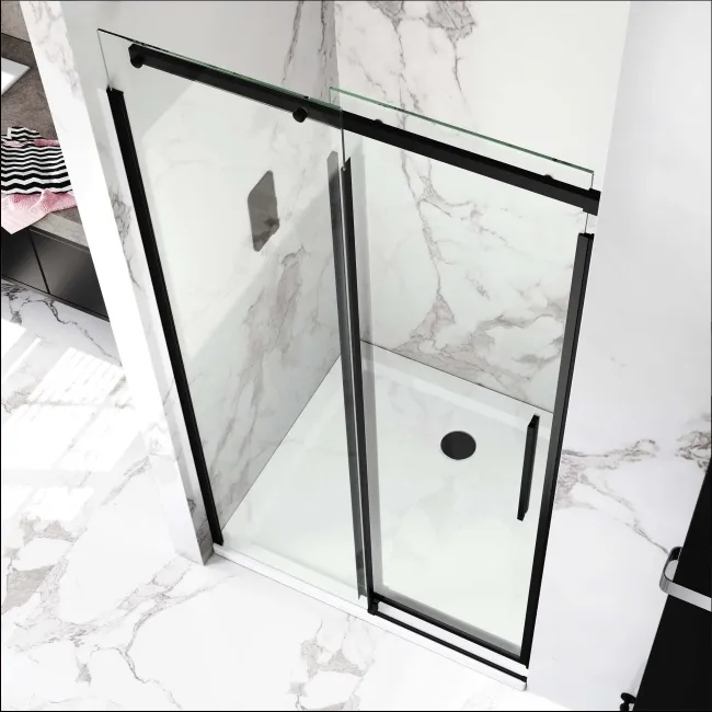 Stockholm Matt Black Easy Clean 8mm Frameless Sliding Shower Door 1100mm