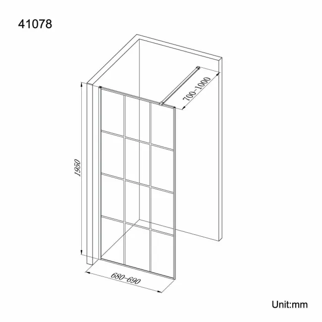 Munich Matt Black Grid Easy Clean 8mm Wet Room Shower Glass Panel 700mm