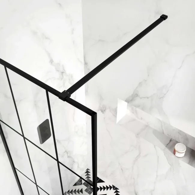 Munich Matt Black Grid Easy Clean 8mm Wet Room Shower Glass Panel 800mm