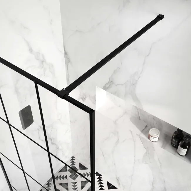 Munich Matt Black Grid Easy Clean 8mm Wet Room Shower Glass Panel 1100mm