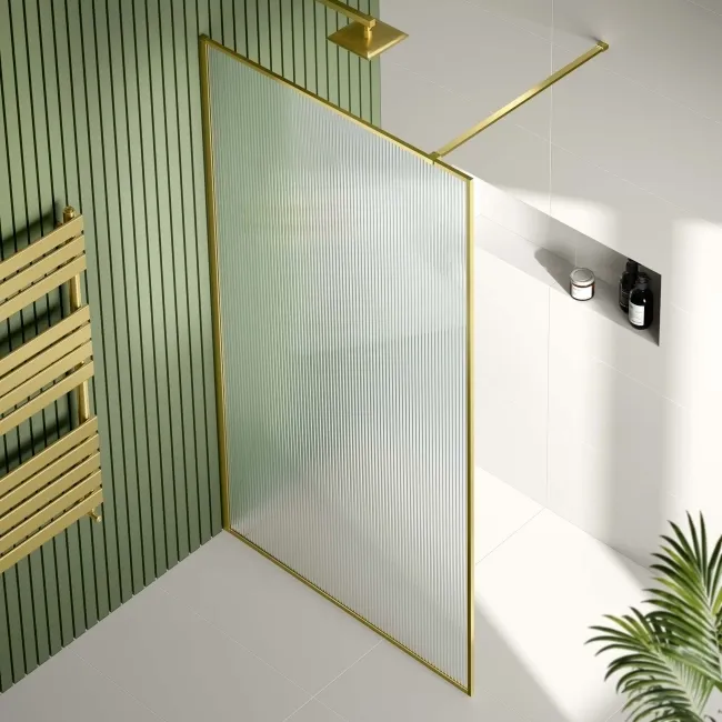 Munich Fluted Effect Brushed Brass Easy Clean 8mm Wet Room Shower Glass Panel 1200mm