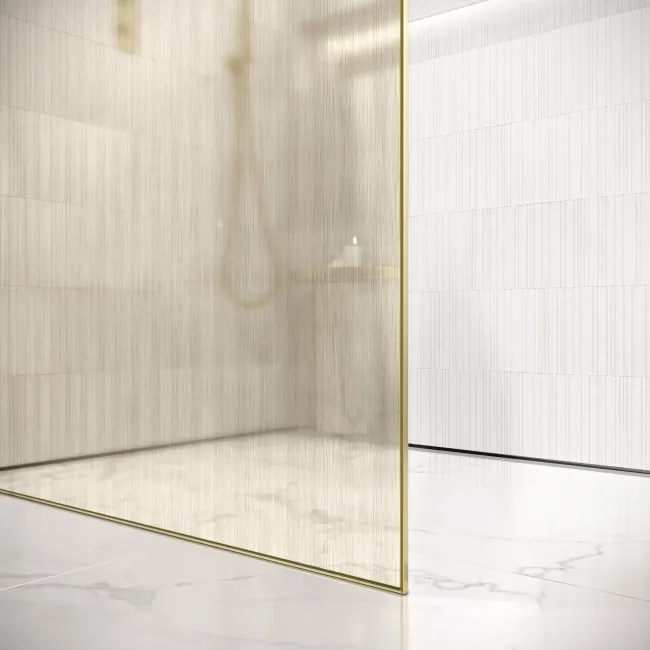 Lyon Brushed Brass 8mm Laminated Wet Room Shower Glass Panel with Gold Mesh Inlay 800mm