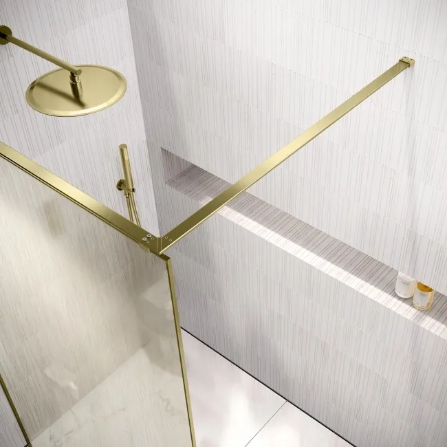 Lyon Brushed Brass 8mm Laminated Wet Room Shower Glass Panel with Gold Mesh Inlay 900mm