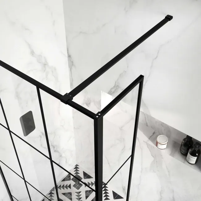 Munich Matt Black Grid Easy Clean 8mm Wet Room Shower Glass Return Panel 250mm