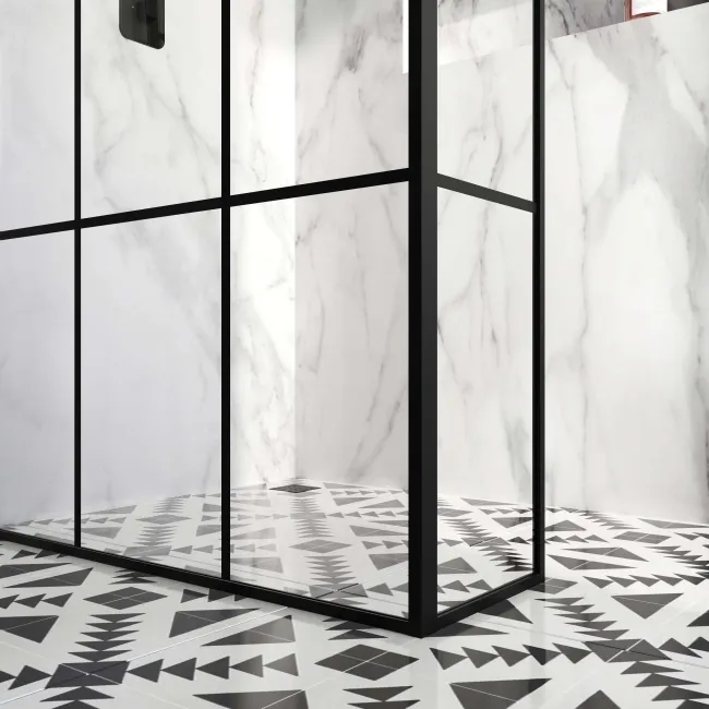 Munich Matt Black Grid Easy Clean 8mm Wet Room Shower Glass Return Panel 250mm
