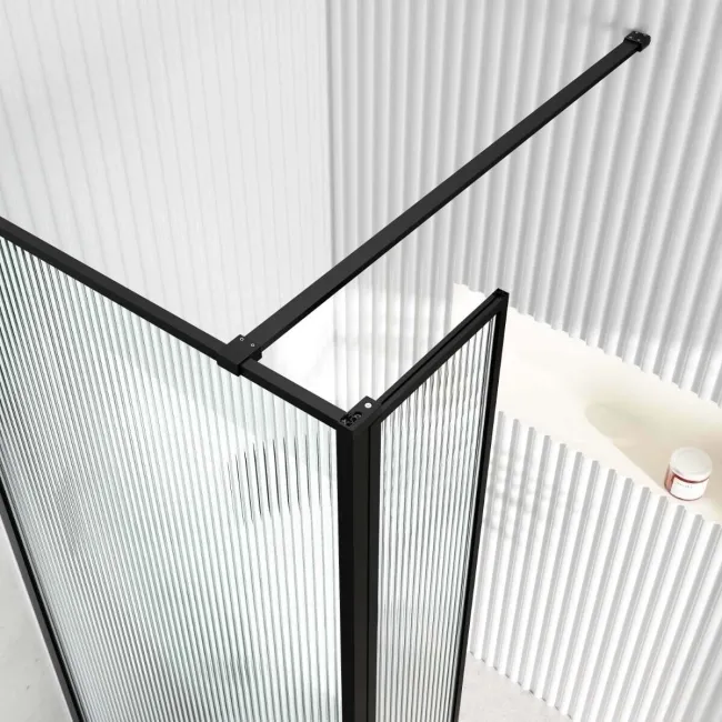 Munich Fluted Effect Matt Black Framed Easy Clean 8mm Pivotal Wet Room Shower Glass Return Panel 250mm