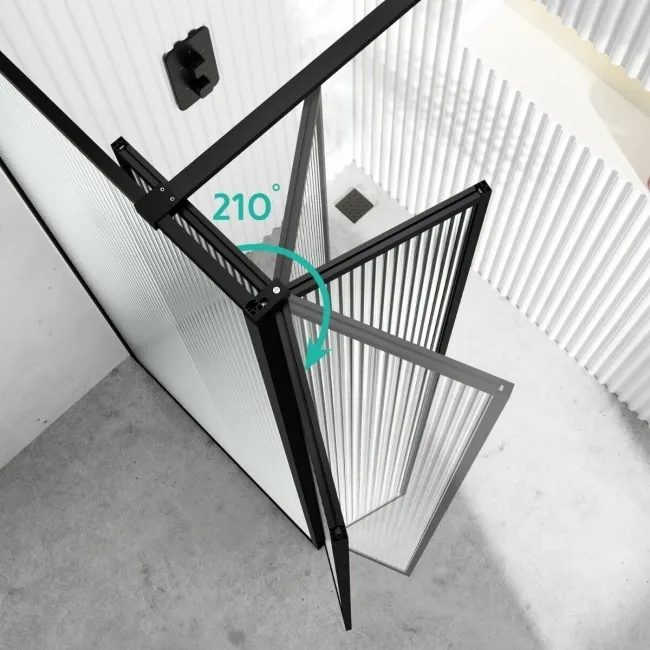 Munich Fluted Effect Matt Black Framed Easy Clean 8mm Pivotal Wet Room Shower Glass Return Panel 250mm