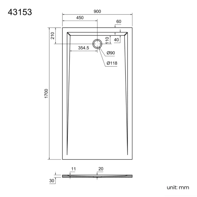 Sydney Low Profile Rectangular Gloss White Stone Shower Tray 1700x900mm