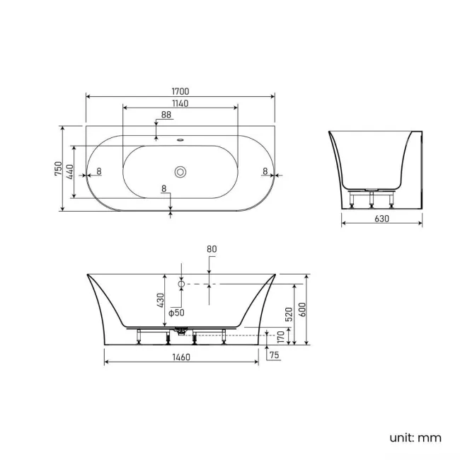 Camden 1700mm Curved Back To Wall Bath