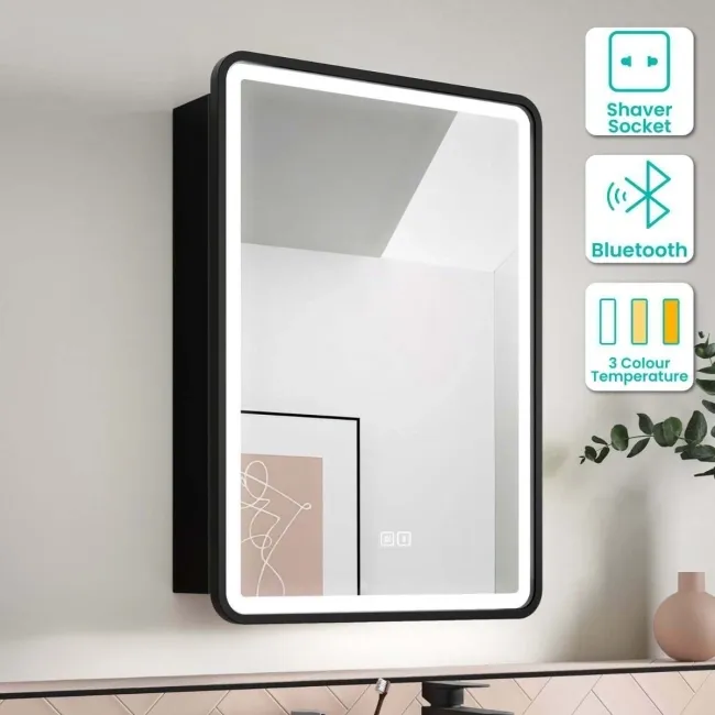 Olivia Black Framed Illuminated LED Mirror Cabinet With BLUETOOTH Speaker 710x500mm