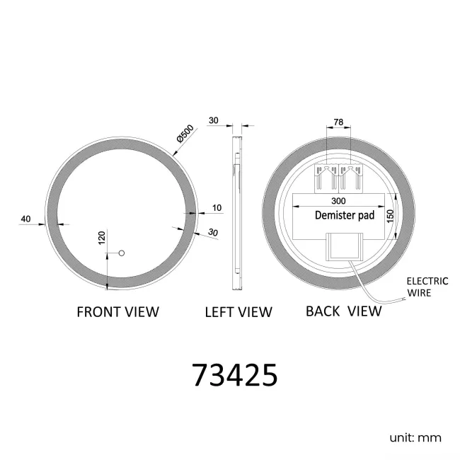 Delilah Black Framed Round Illuminated LED Mirror 500mm