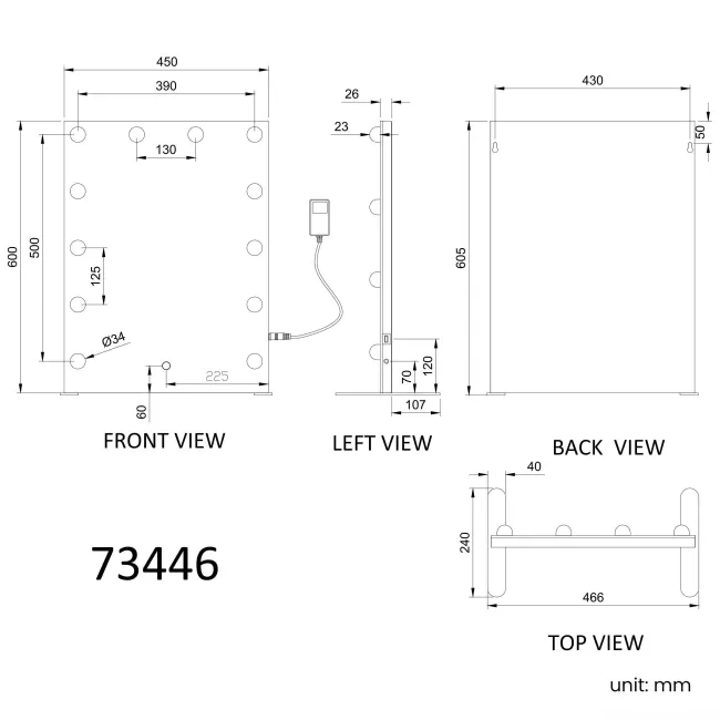 Serena Hollywood Mirror 600x450mm - Mini Bulbs