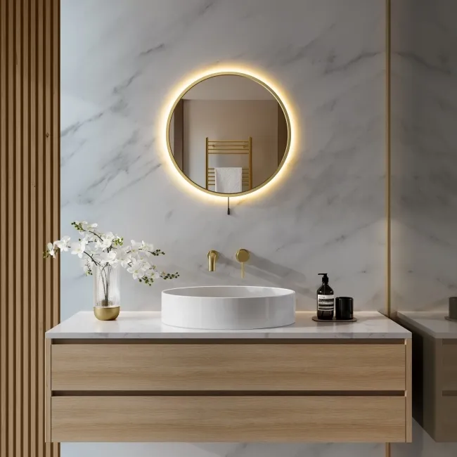 Delilah Battery Operated Brushed Brass Round Backlit LED Mirror 500mm