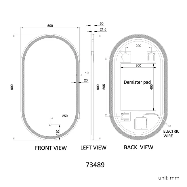 Ada Black Framed Illuminated LED Mirror 900x500mm