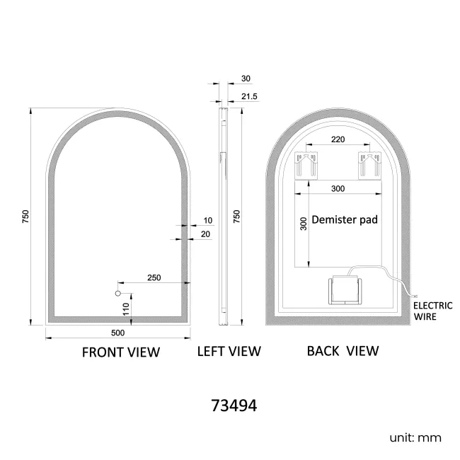 Maya Black Framed Arched Illuminated LED Mirror 750x500mm