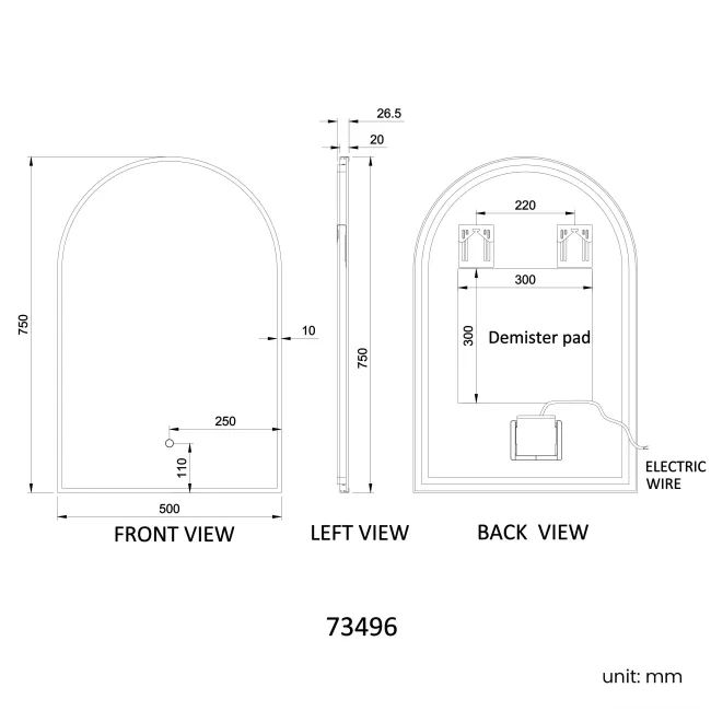 Maya Black Framed Arched Backlit Illuminated LED Mirror 750x500mm