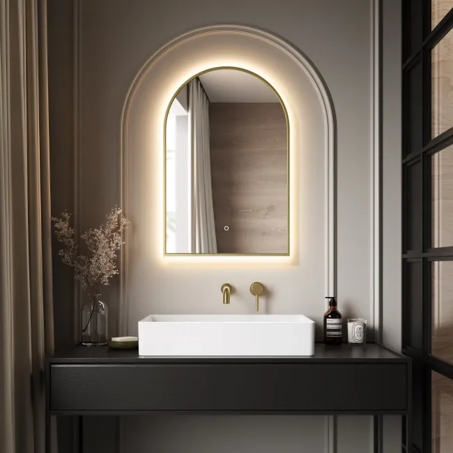 Maya Brushed Brass Arched Backlit Illuminated LED Mirror 750x500mm