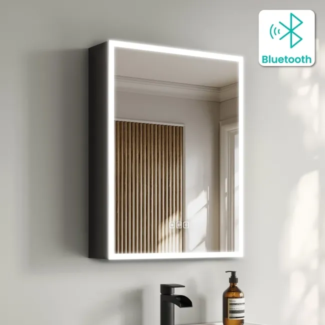 Esme Matt Black Illuminated LED Mirror Cabinet With BLUETOOTH Speaker 600x450mm
