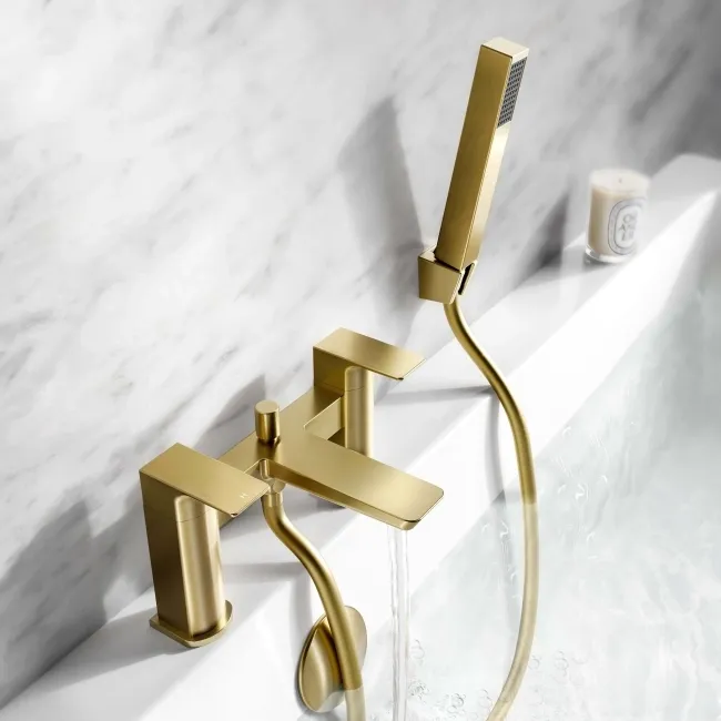 Soar Brushed Brass Basin & Shower Bath Mixer Tap Set