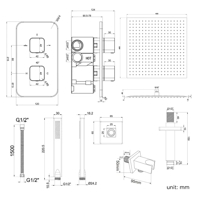 Galway Premium Ceiling Chrome Square Thermostatic Shower Set - 400mm Head & Hand Shower