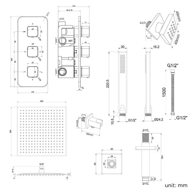 Galway Premium Ceiling Chrome Square Thermostatic Set - 300mm Head, Hand Shower & Jets