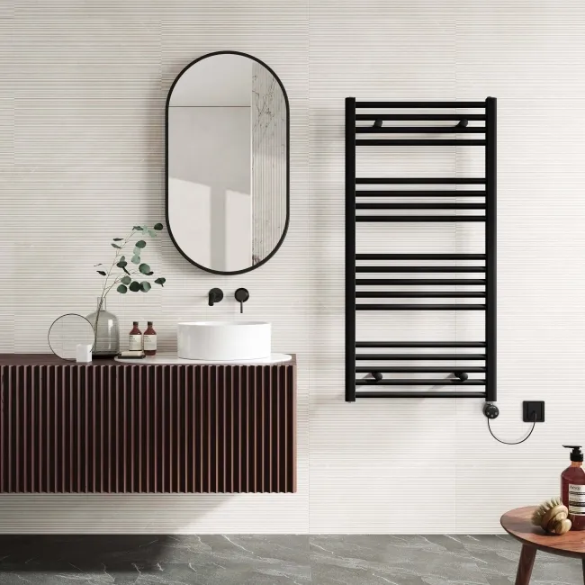 Naples Electric Premium Matt Black Straight Heated Towel Rail 1200x600mm