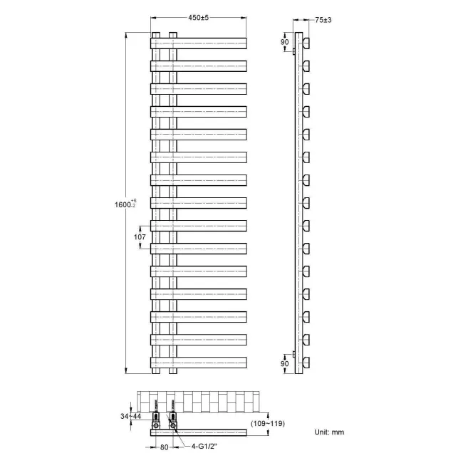 Palermo Electric Anthracite Designer Heated Towel Rail 1600x450mm