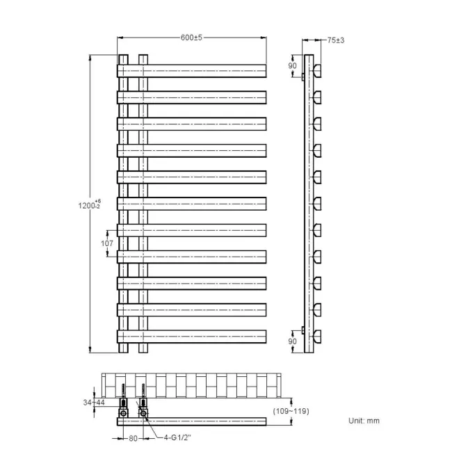 Palermo Electric Matt Black Designer Heated Towel Rail 1200x600mm